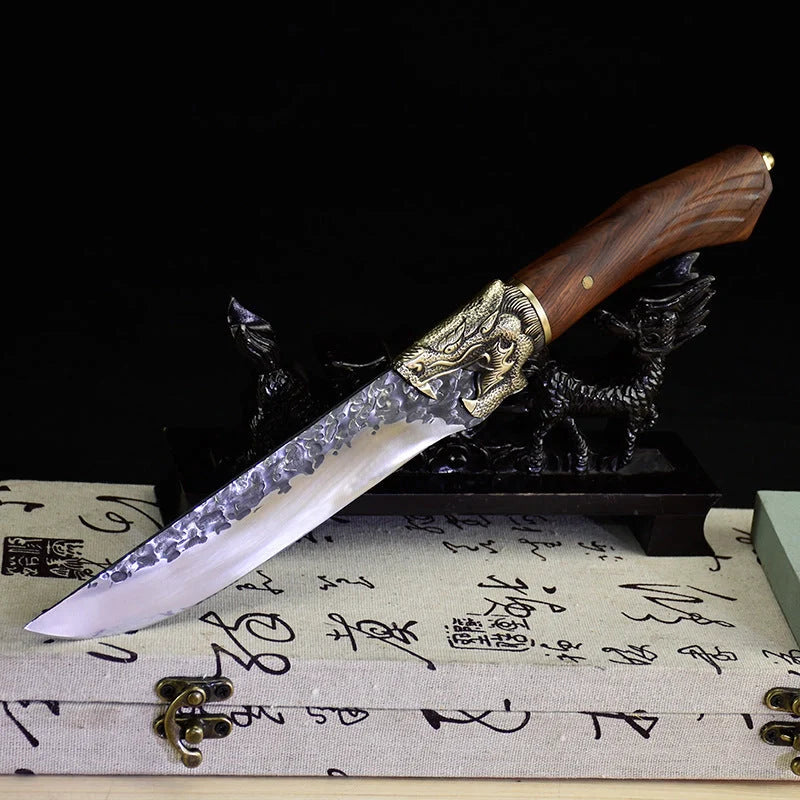 Hand-forged slicing knife with rosewood handle and leather case