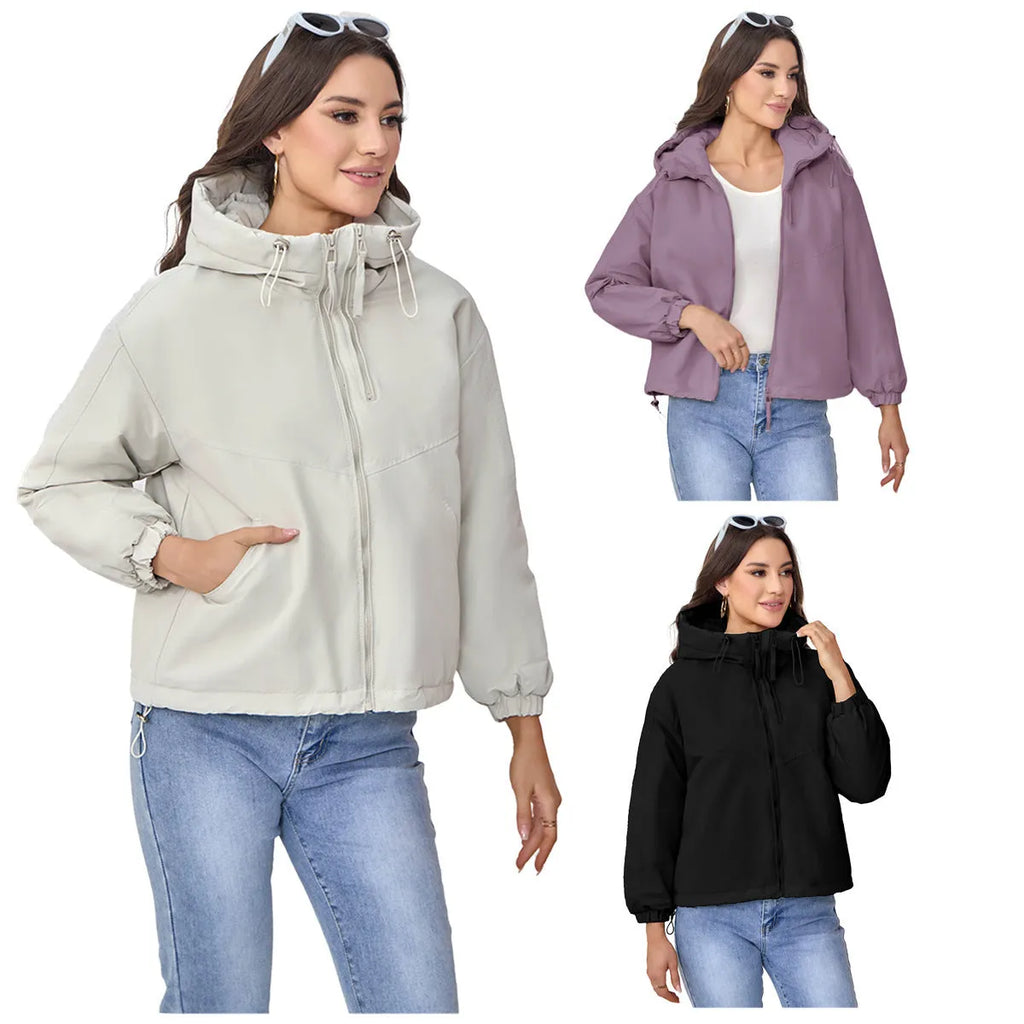 Women's loose fit hooded shell jacket in black, grey, or purple solid colour