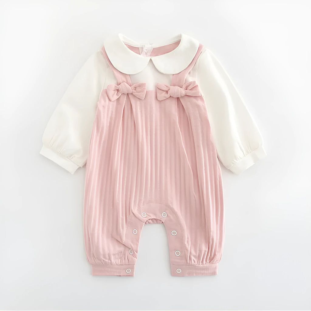 Pink cotton baby jumpsuit with embroidery and long sleeves for girls