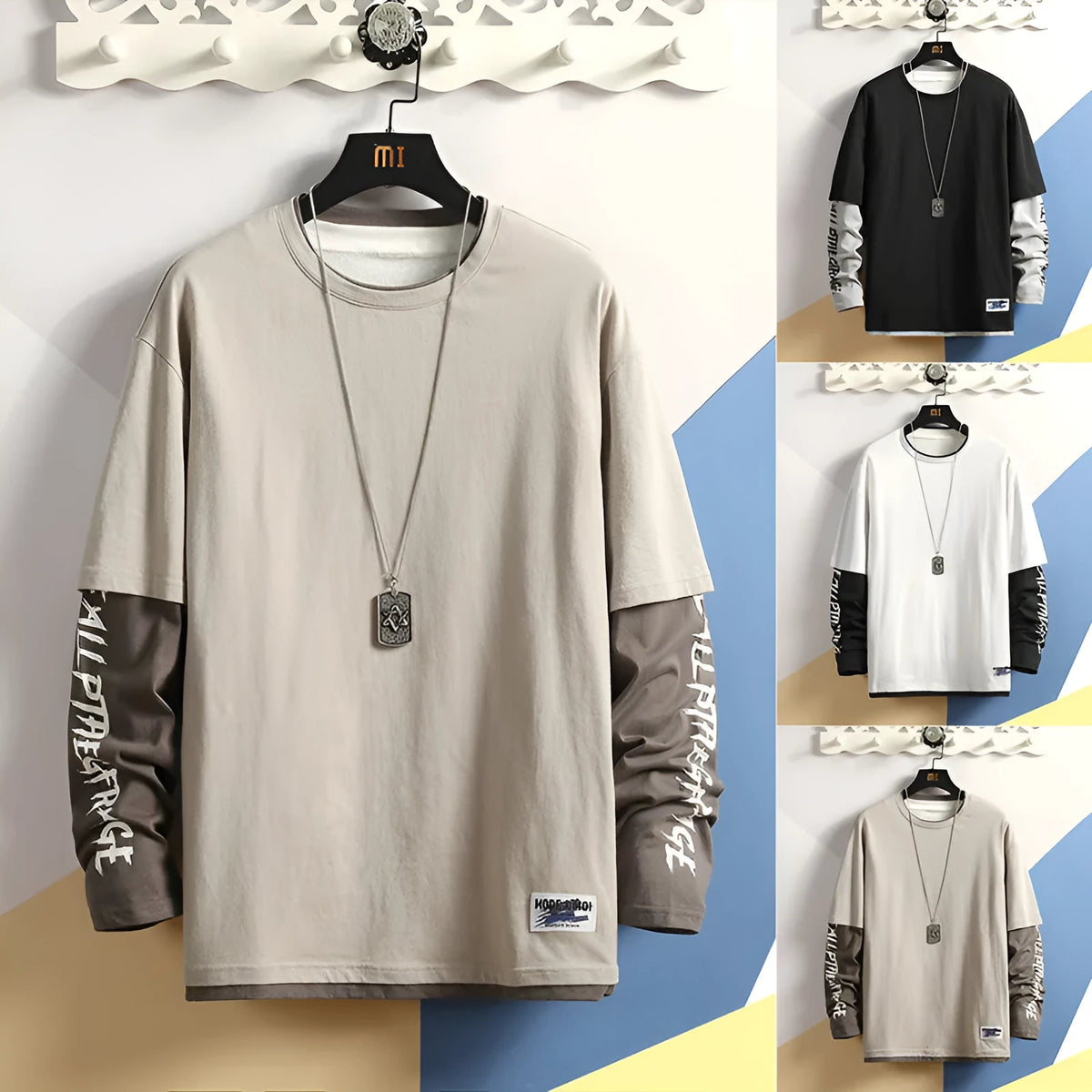Fake two printed round collar cotton blend t-shirts in black, light grey, and white on a neutral background
