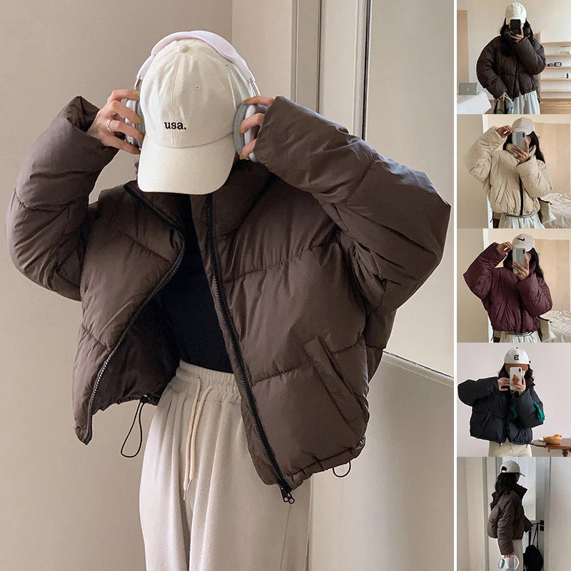 Stand collar short cotton-padded coat for women in slim fit design, available in four colours