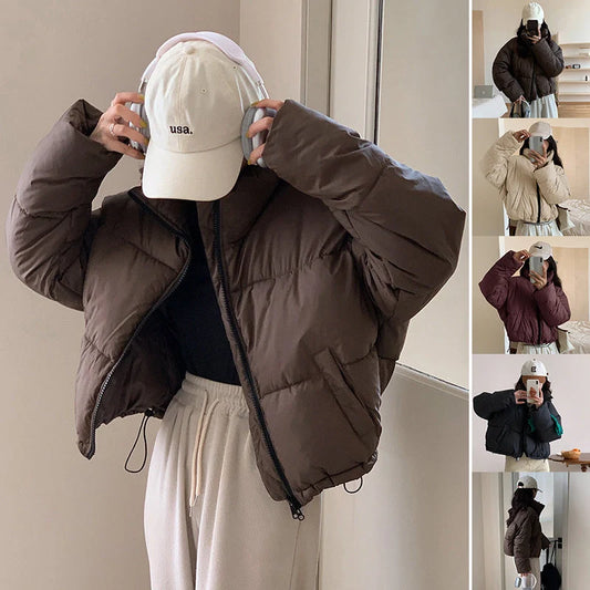 Stand collar short cotton-padded coat for women in slim fit design, available in four colours