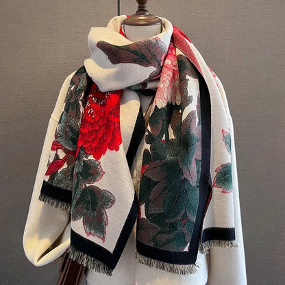 Retro floral artificial cashmere scarf in beige red, dimensions 60x180cm