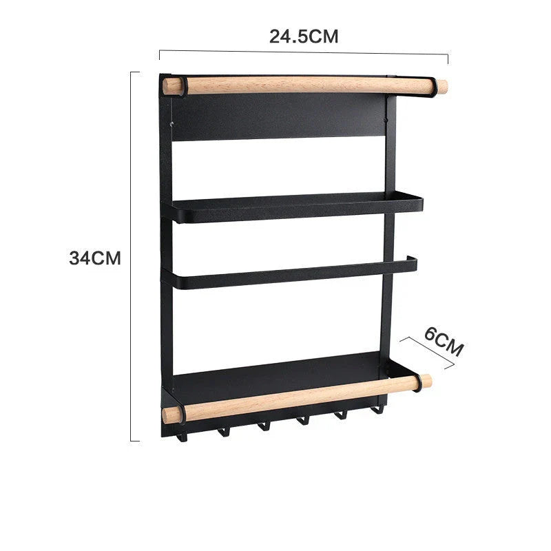 Magnetic refrigerator side rack in black and white, with hooks and wooden bar for kitchen organisation