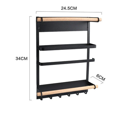 Magnetic refrigerator side rack in black and white, with hooks and wooden bar for kitchen organisation