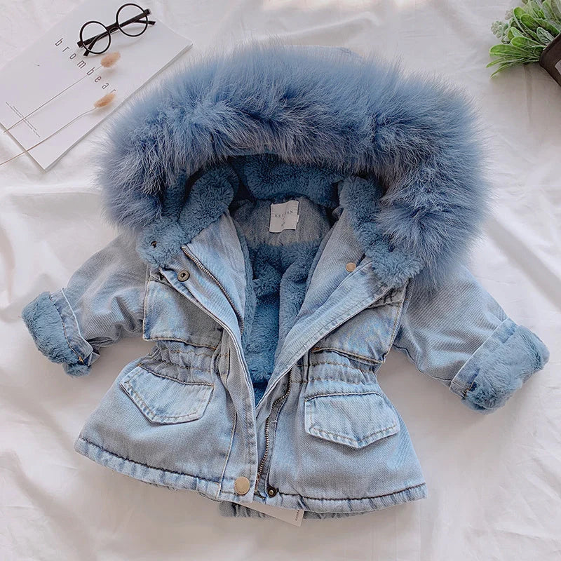 Girl denim coat in blue and pink with plus velvet lining and attached hat
