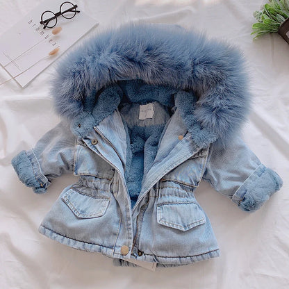 Girl denim coat in blue and pink with plus velvet lining and attached hat