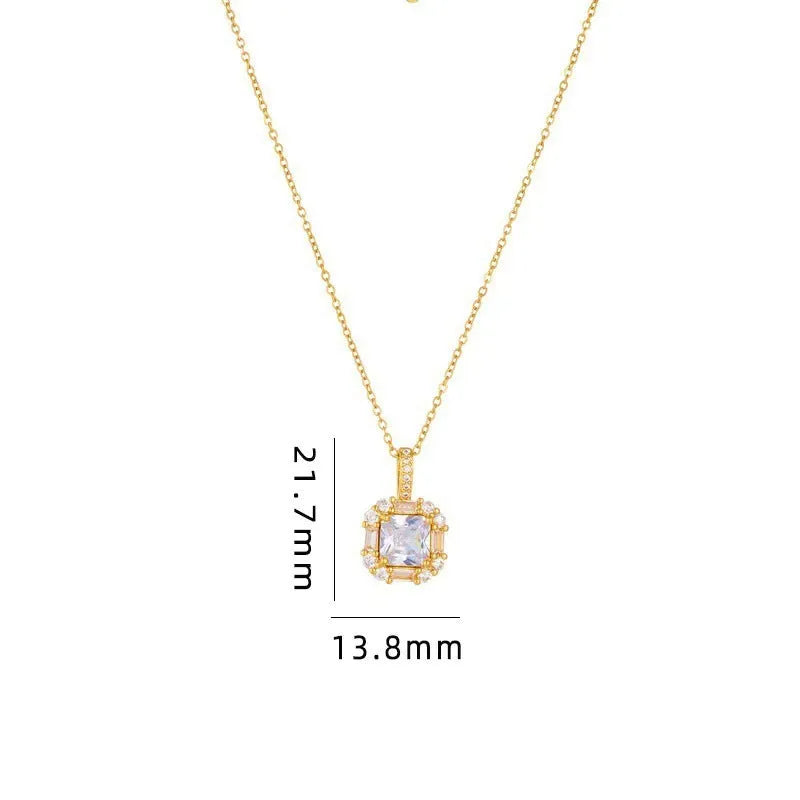Women's geometric titanium steel clavicle chain necklace with mixed gem inlaid pendant and water wave chain
