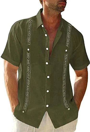 Men's casual Cuban-style Guayabera shirt with short sleeves and printed patterns