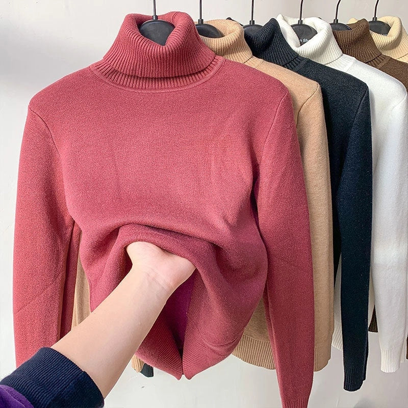 Women's turtle neck winter sweater in various colours, showcasing plush thickening and slim fit