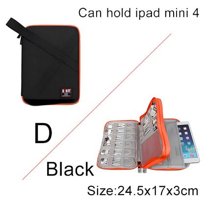 BUBM double-layer XL travel cable organizer in black, with compartments for USB, phone, charger, iPad cables, 25cm x 15cm x 10cm