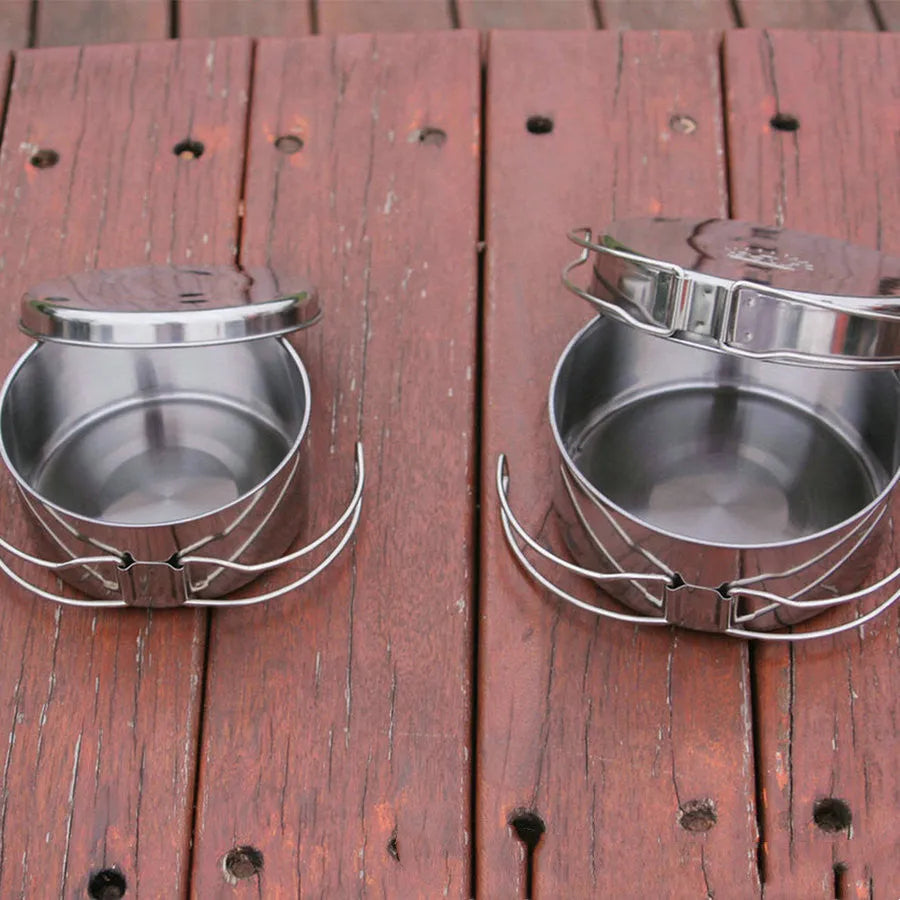Silver stainless steel camping cookware pot set with 4 pieces including pot and pan for outdoor cooking