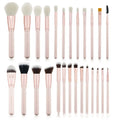 26-piece pink makeup brush set with wooden handles displayed in a PU storage bag
