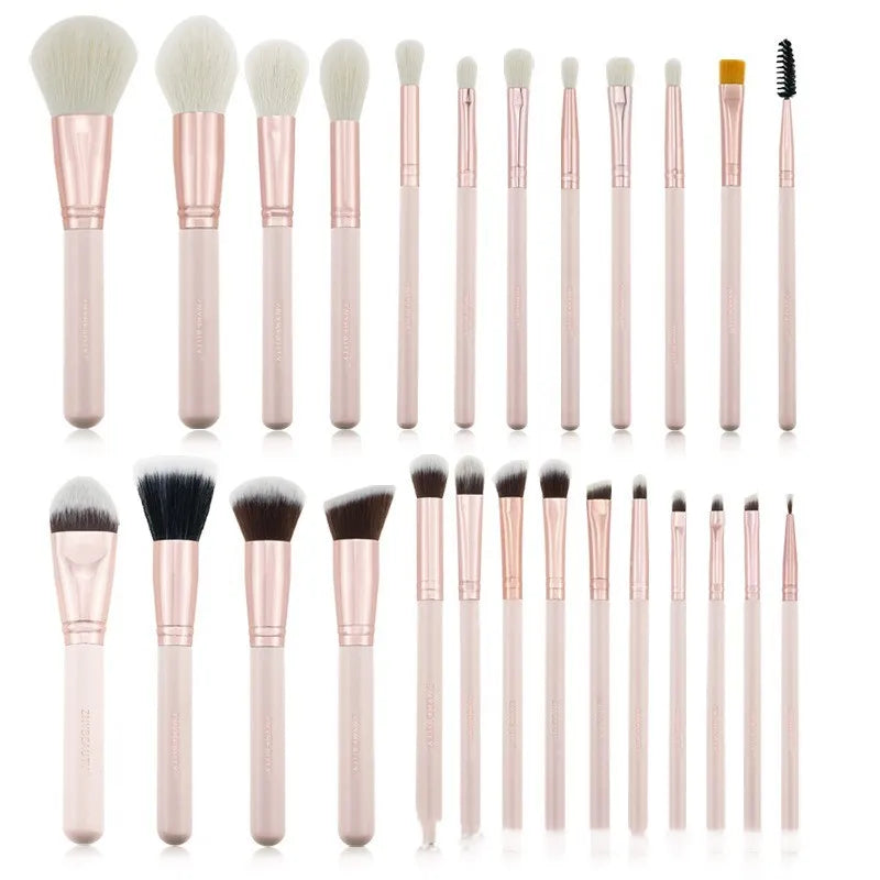 26-piece pink makeup brush set with wooden handles displayed in a PU storage bag