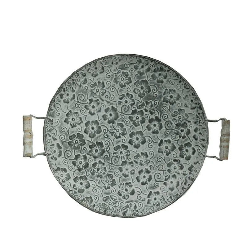 Round black wrought iron storage tray with European styling for jewellery and food organisation