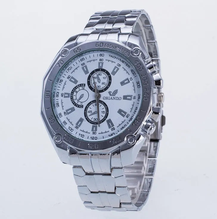 Men's stainless steel sport watch with 4cm dial and pointer display on a casual background