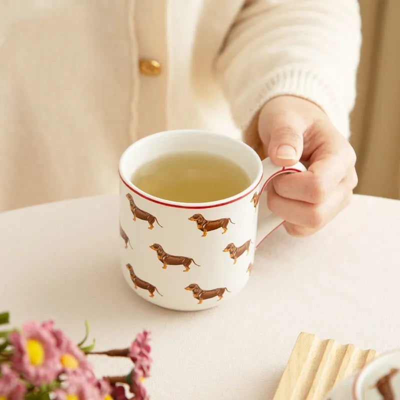 Ceramic sausage dog teapot mug cup and saucer three-piece set with strainer