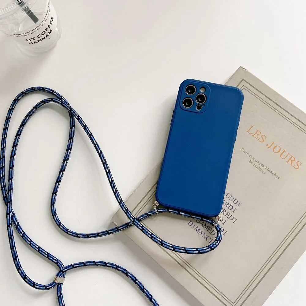 Liquid silicone phone case with hanging rope crossbody lanyard for iPhone 14 Pro Max, black