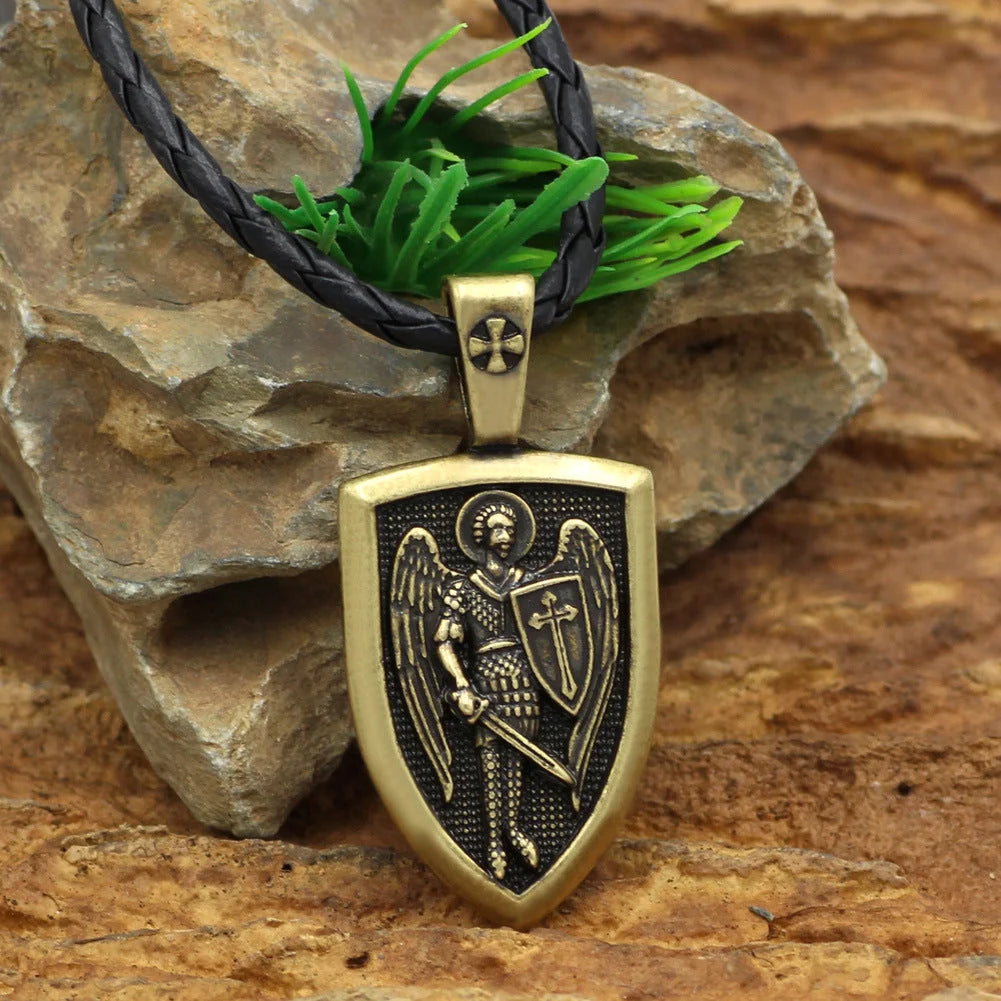 Saint Michael Archangel Pendant Necklace in ancient silver and bronze finishes with detailed cartoon character design