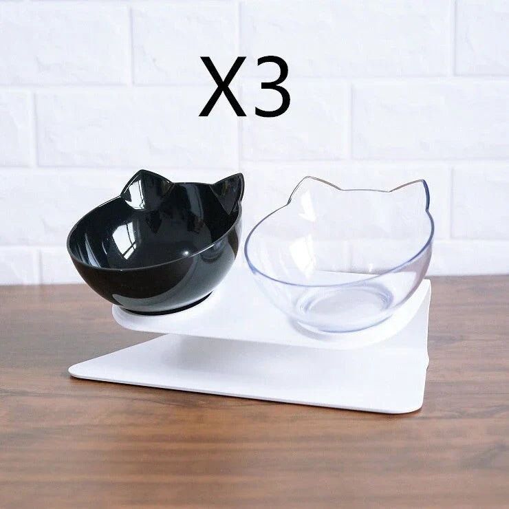 Elevated pet bowls with 15-degree tilted design to support pet's neck and reduce strain