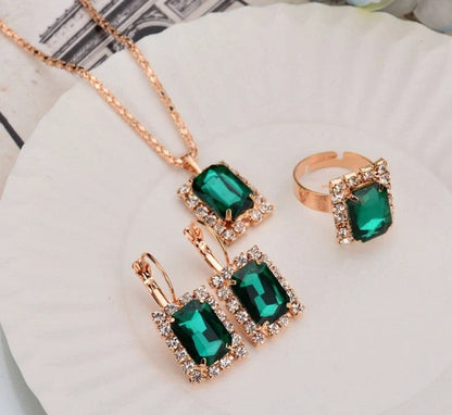 Elegant three-piece alloy jewellery set with diamond treatment in seven colours