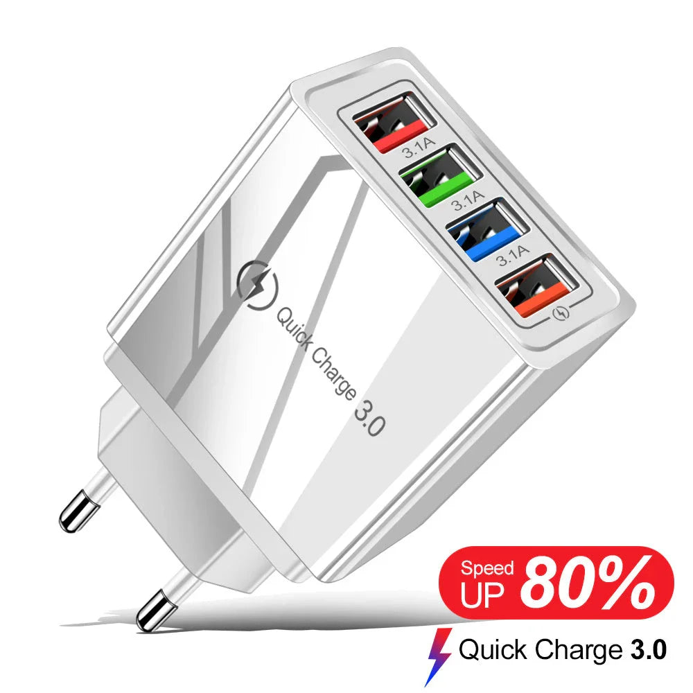 Powerful USB wall charger with Quick Charge 3.0 and 4 charging ports for fast, convenient device charging