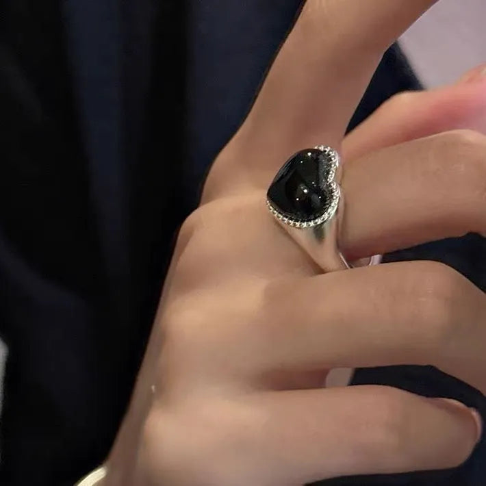 S925 sterling silver open mouth ring with black heart agate stone and adjustable design
