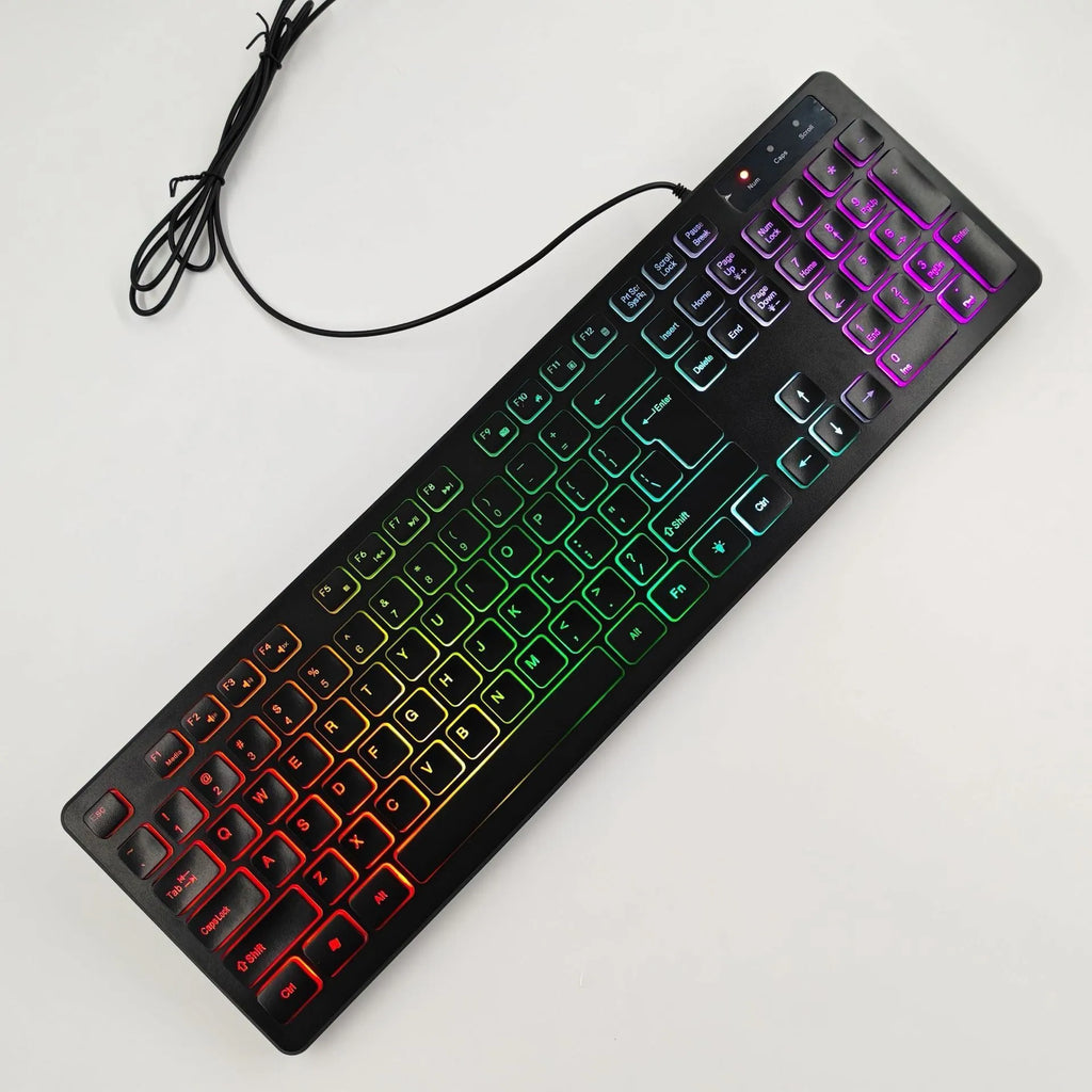USB wired illuminant keyboard with colourful backlighting and multiple language layouts including Russian and Arabic