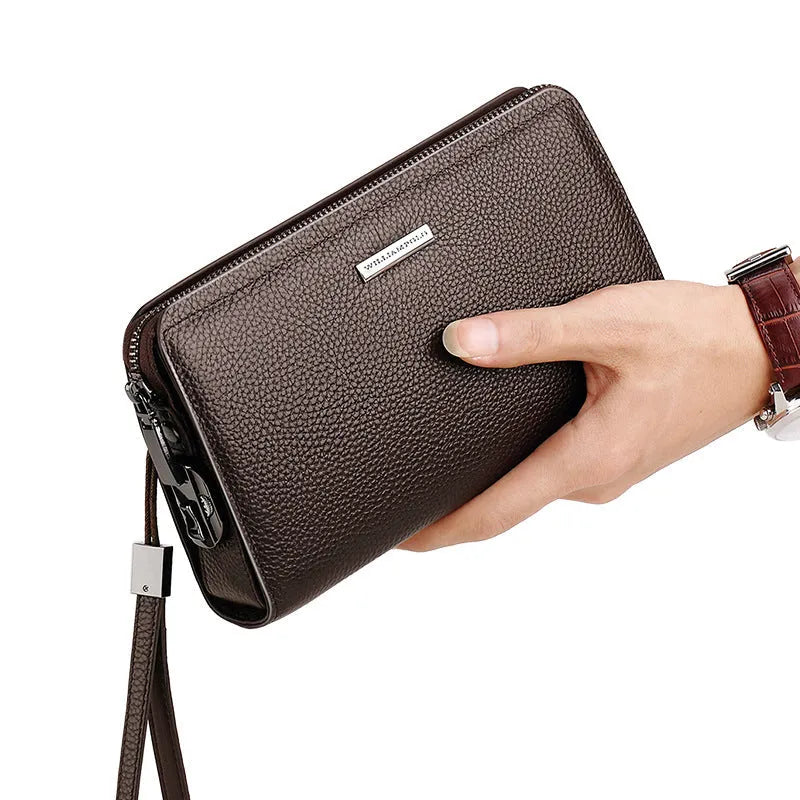 Men's black genuine leather wallet clutch open showing multiple card slots and compartments