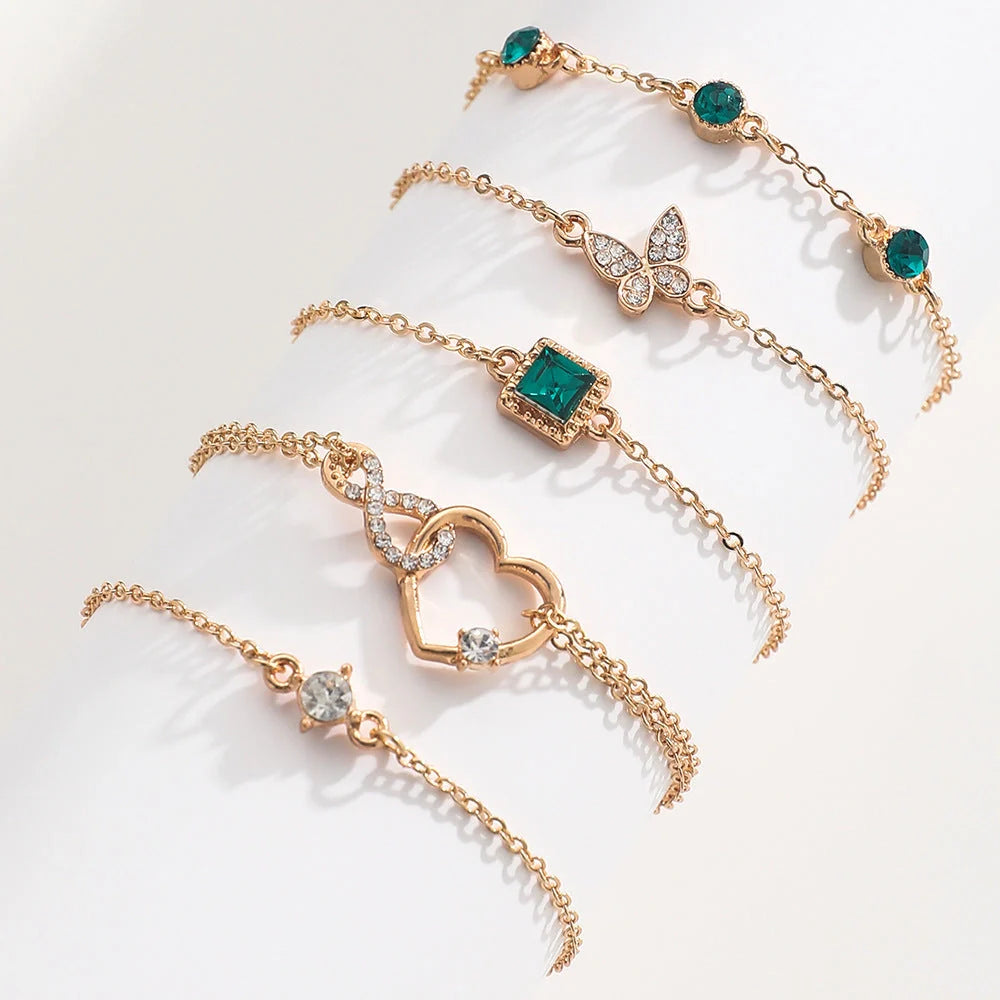 Bohemian green crystal heart bracelets set for women