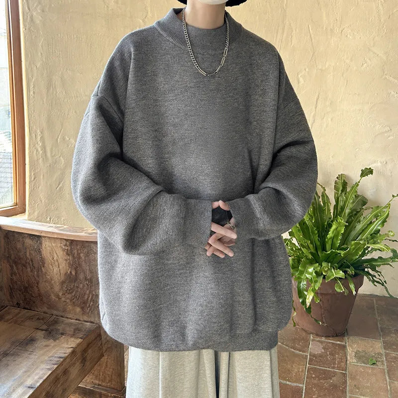 Men's loose fit round neck polyester sweater in solid colour for spring and autumn casual wear