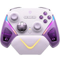 Game controller on charging base with type-C cable, available in black, green, or purple colours