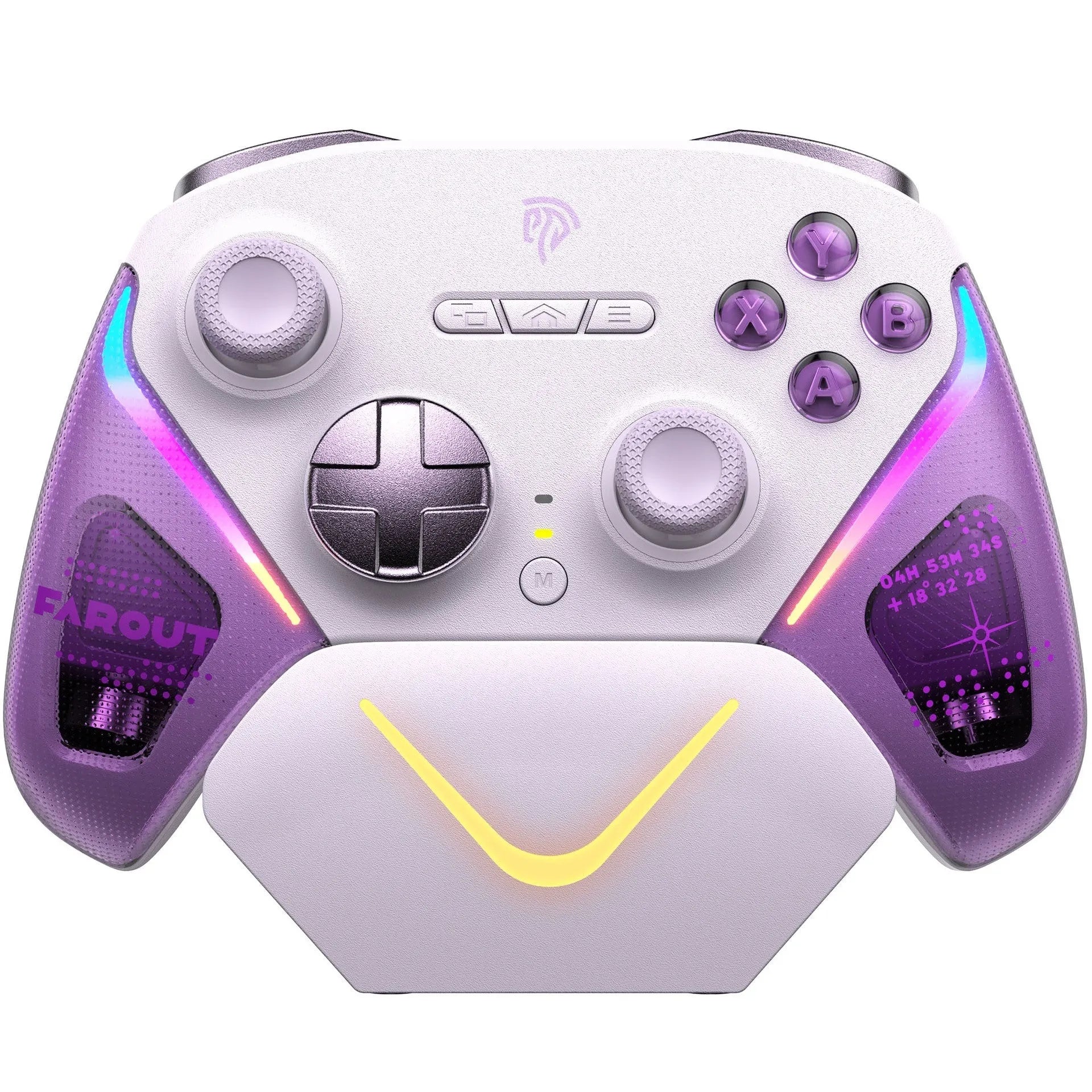 Game controller on charging base with type-C cable, available in black, green, or purple colours