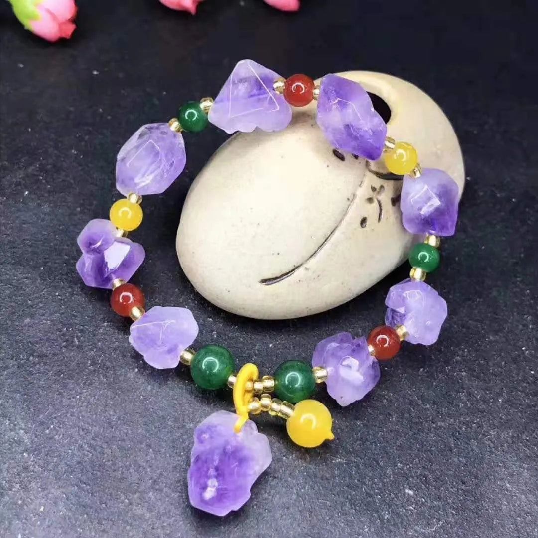 Purple amethyst bracelet with natural shaped beads and Chinese fu character charm for women