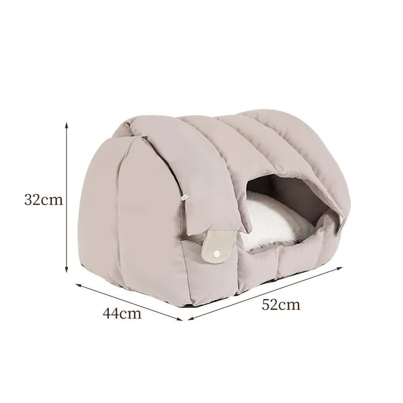Arched deformable cat nest in green colour showing both enclosed and sofa configurations