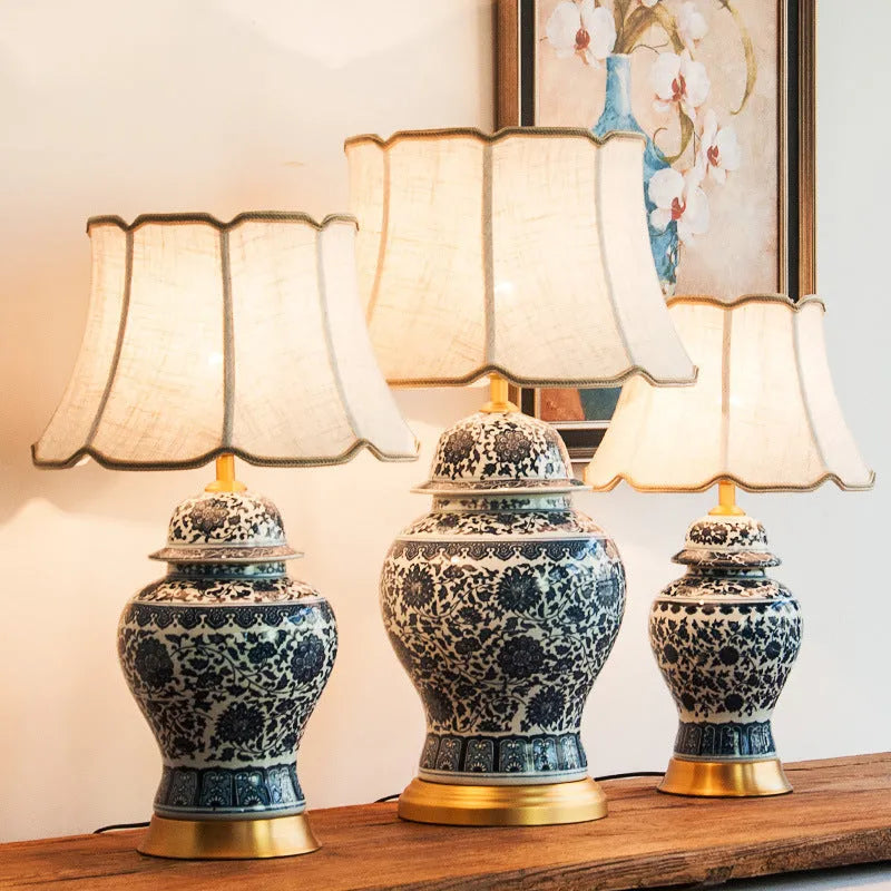 Blue and white Chinese porcelain table lamp with handmade cloth shade on copper base