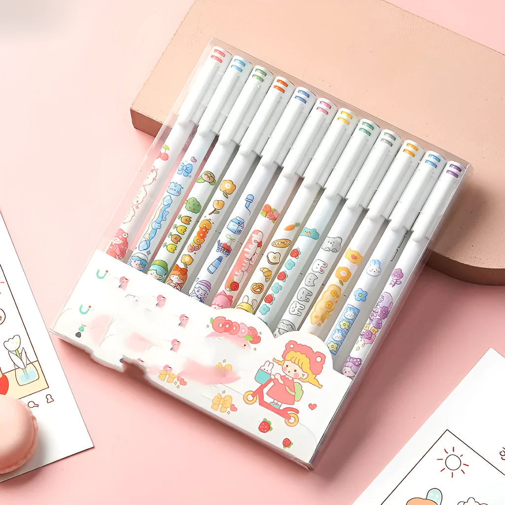 Twelve 0.5mm gel pens in assorted colours in a plastic case for journal and accounting use