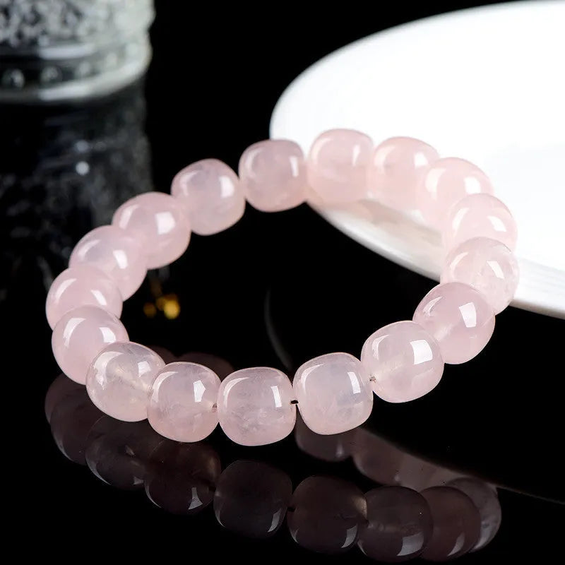 Pink natural bamboo crystal bracelet with 11mm geometric barrel beads