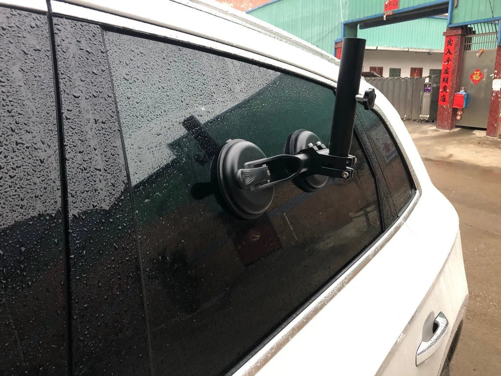 Black ABS plastic and rubber car window sucker base for mounting flagpoles to vehicle glass