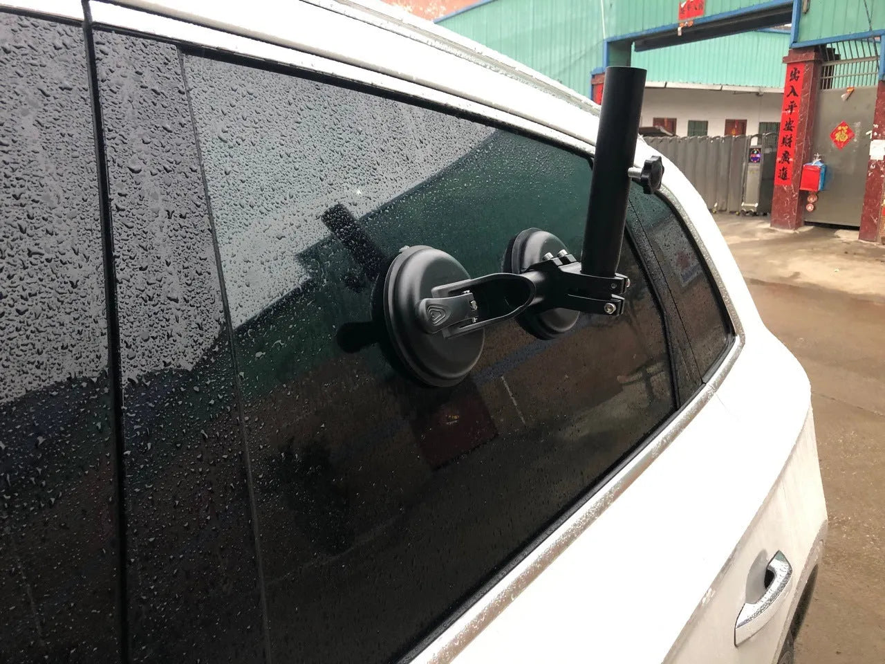 Black ABS plastic and rubber car window sucker base for mounting flagpoles to vehicle glass