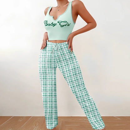 Women's plaid pyjama set with sleeveless letter print top and coordinating trousers for versatile homewear