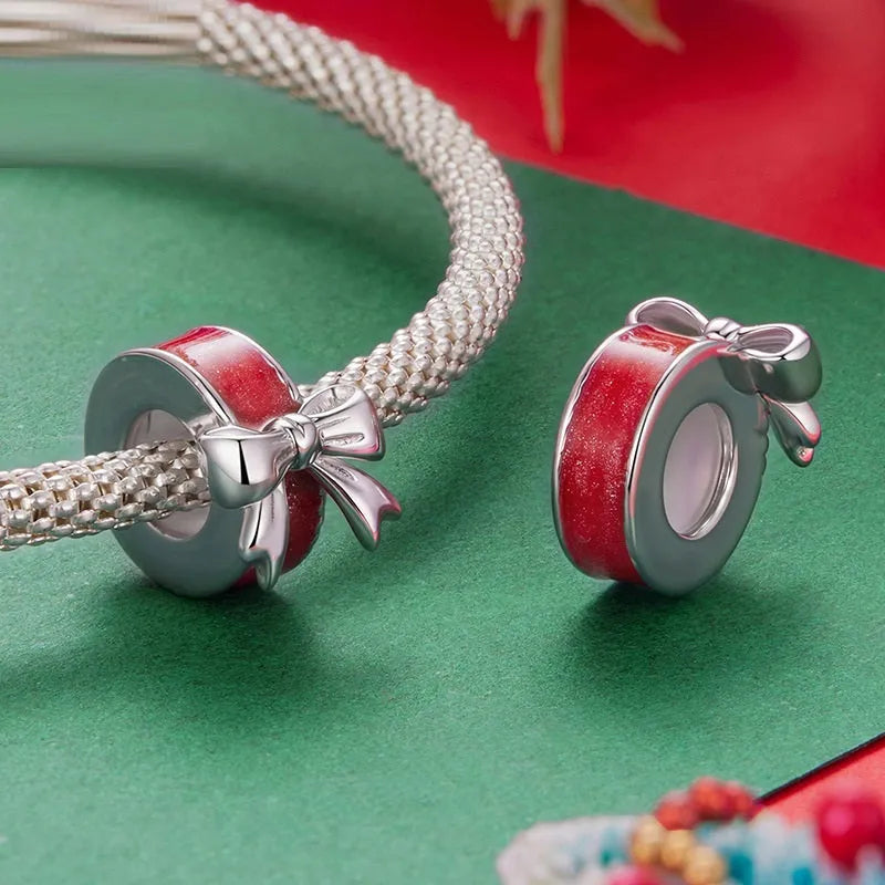 Red bow-shaped 925 silver spacer bead with glossy dripping oil finish, 1cm height