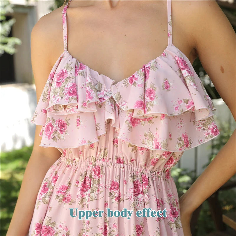 Women's pink floral printed summer dress in polyester fabric