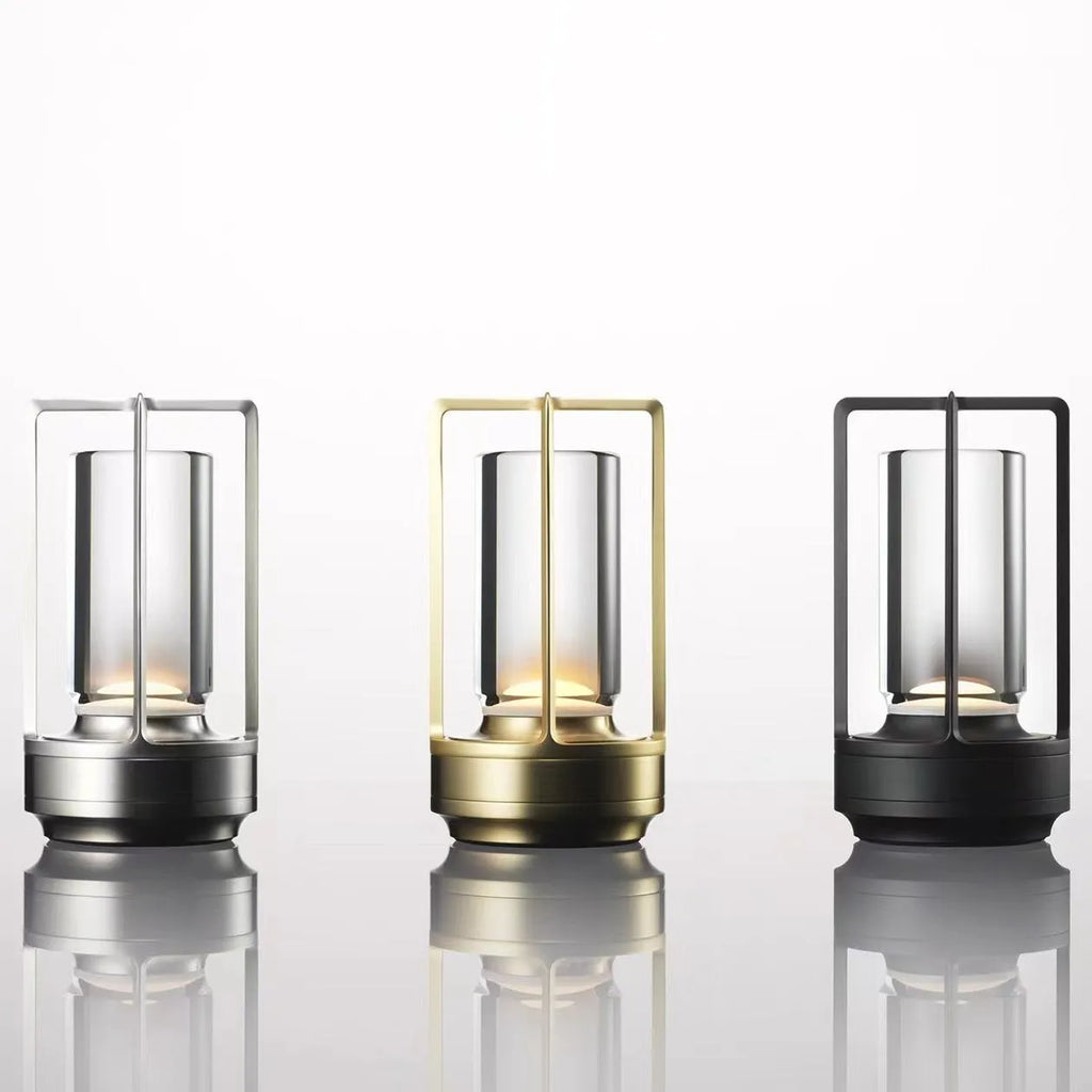 Rechargeable LED camping light in aluminium-acrylic with touch charging and variable colour dimming