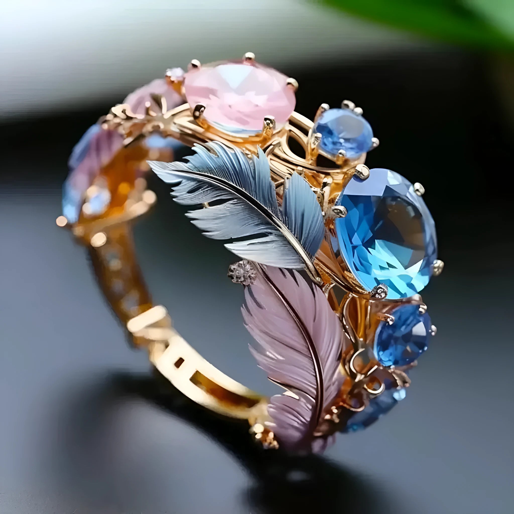 Gold brass feather ring with geometric design and zircon detailing