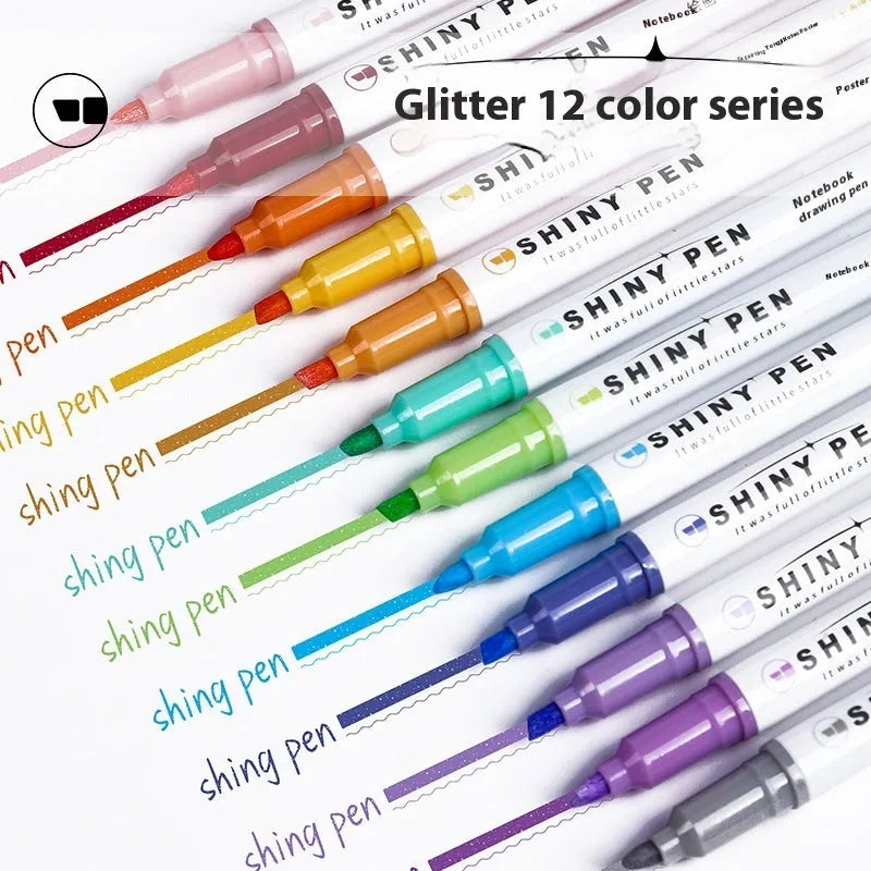 Star River glitter fluorescent highlighter pen set showing six glitter ink colours and slanted nibs