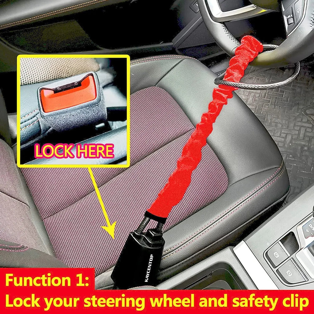 Red iron car steering wheel lock with copper core for General Motors vehicles.
