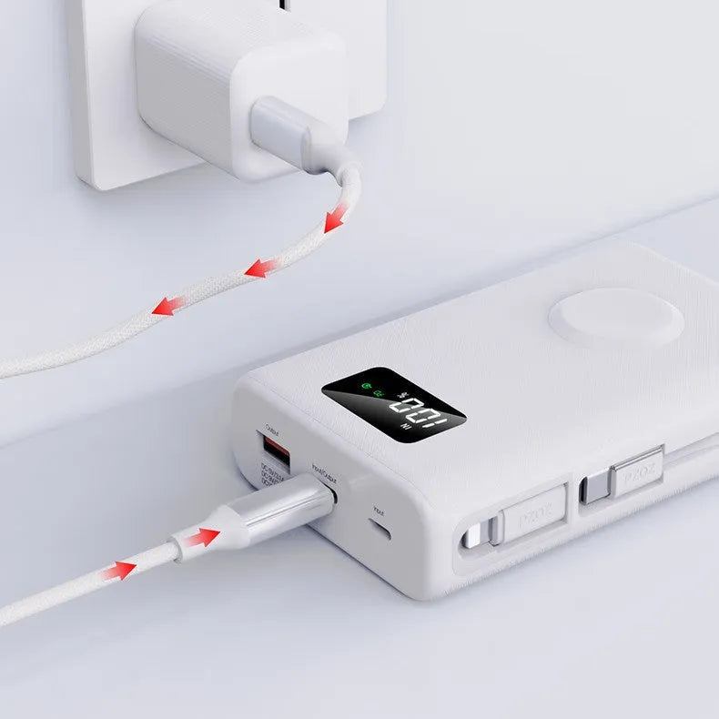 White wireless mobile power supply showing screen display and multiple charging ports