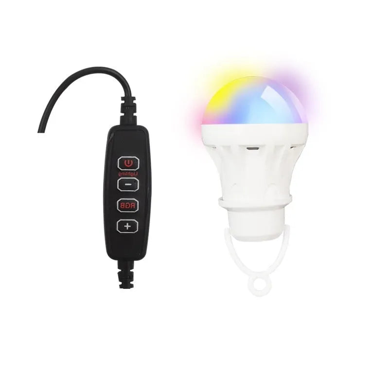 USB-powered RGB magic colour LED light bulb with a long white remote control wire.