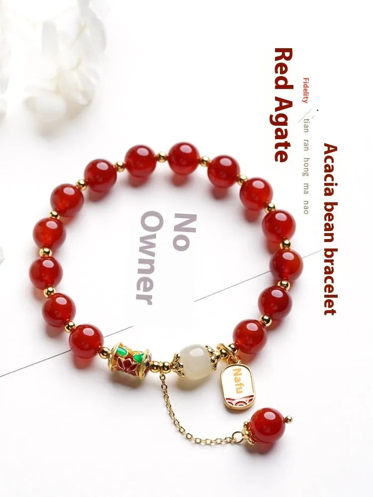 Women's red agate and Hetian jade bracelet with gold plating showing single circle, double circle, and happy ankang styles.